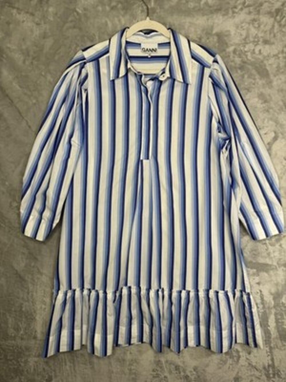 Ganni Dress Womens US XL Blue Stripe Shirt 3/4 Sleeve Ruffle Organic Cotton Mini